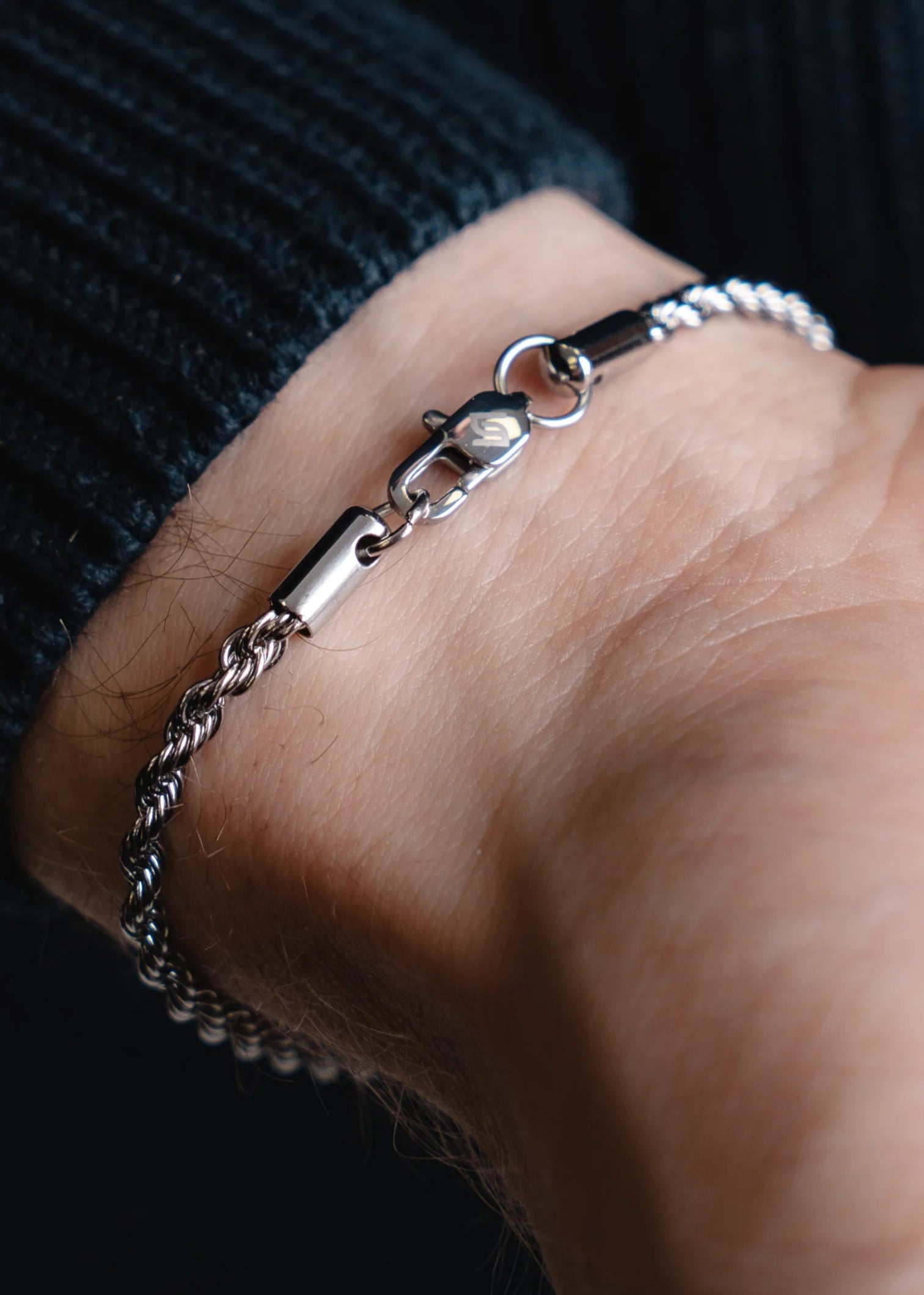 Rope Bracelet 3MM in Silver close up logo